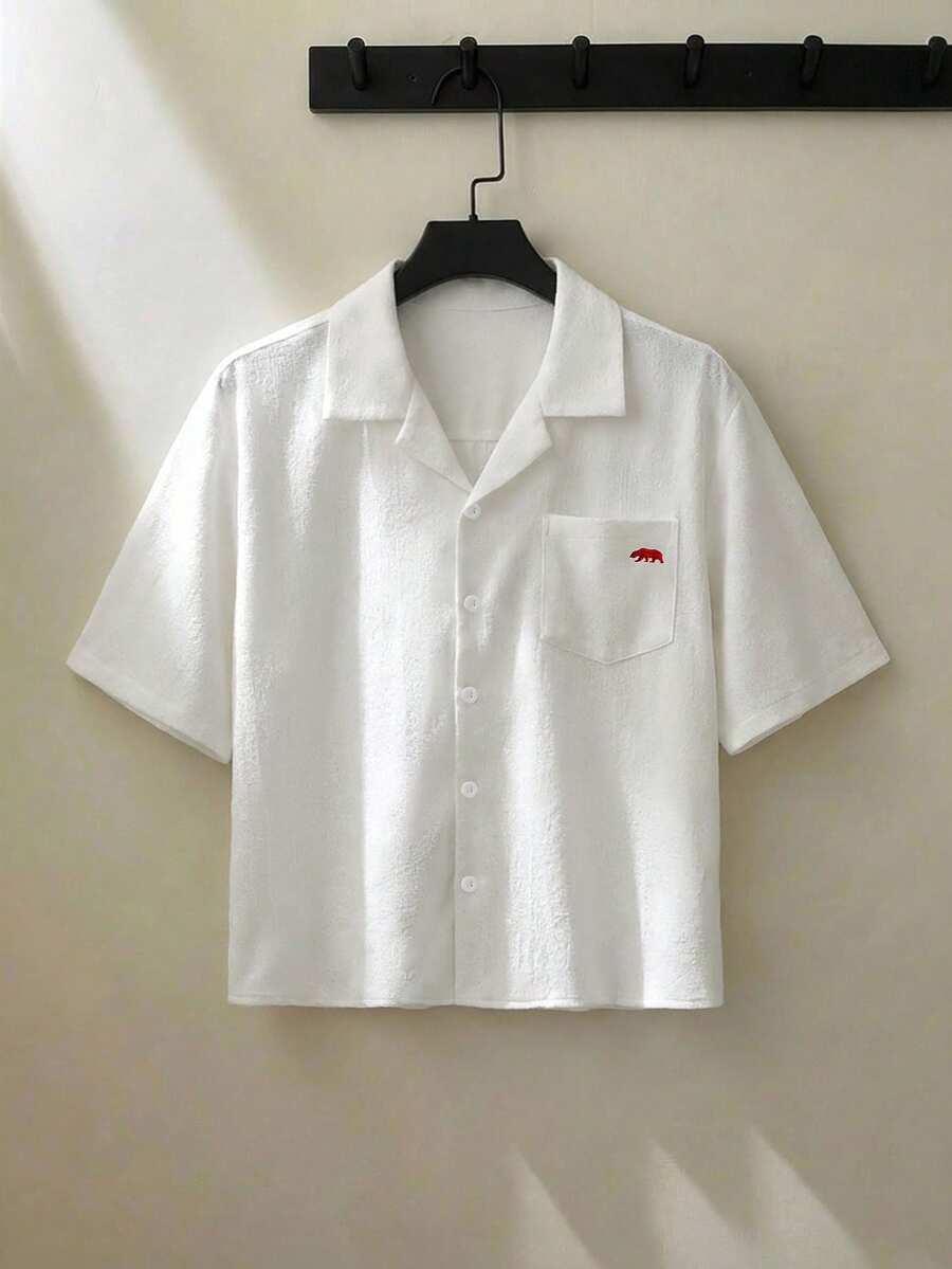 ESTAVOR Men's Fashionable Embroidered Short Sleeve Shirt, Spring/Summer - White - View 1