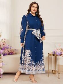 Modelyn Plus Size Print Long Sleeve A-Line Dress With Belt - Navy Blue - View 6