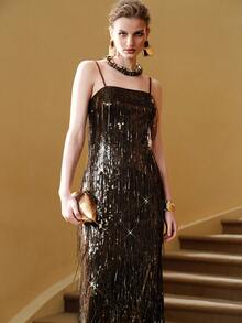 Arave 女士亮片串珠流苏装饰无肩带紧身连衣裙，优雅约会之选 - 巧克力棕 - 查看 7