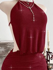 Elamini 性感露背吊带金属亮片迷你连衣裙，适合派对 - 紅色 - 查看 5