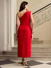 ZEYLAH Elegant Date Night 3D Floral Decor Midi One Shoulder Dress - Red - View 3