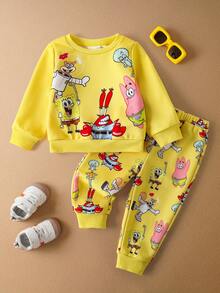 SpongeBob SquarePants | SHEIN 2pcs Baby Boy Cartoon Pattern Cute Yellow Casual Long Sleeve Crew Neck Sweatshirt And Pants Set - Yellow - View 1