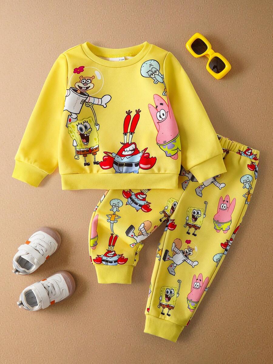 SpongeBob SquarePants | SHEIN 2pcs Baby Boy Cartoon Pattern Cute Yellow Casual Long Sleeve Crew Neck Sweatshirt And Pants Set - Yellow - View 1