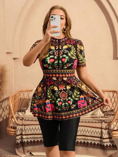 Swim Mulvari 2pcs Plus Size Women Summer New Casual Vacation Placement Cut Digital Printed Middle East Style Bikini Swimsuit Set