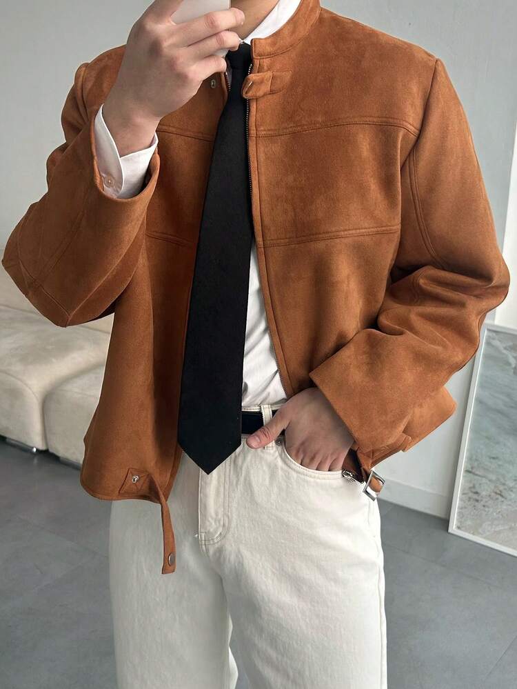 Men's Solid Color Short Suede Fabric Brown Jacket And Coat, Autumn