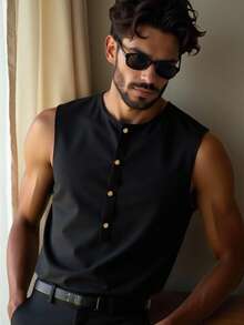 HIMLAND 男士纯色圆领前扣休闲背心，夏季 - 黑色 - 查看 5