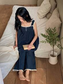 DAZY 少女荷叶边纽扣褶皱上衣和短裤休闲家居服套装 - 藏蓝色 - 查看 7
