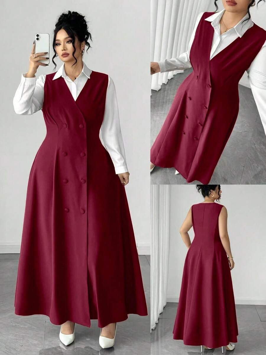 Elenzga Đầm maxi cỡ lớn dành cho nữ, thiết kế họa tiết đồng xu cổ điển và trang trí cúc áo, thích hợp cho các dịp như tựu trường, tốt nghiệp, Ngày Valentine, lễ hội âm nhạc, Ngày của Mẹ, Halloween, Lễ Tạ ơn, Lễ Phục sinh, Ngày Quốc khánh, dạ hội, tiệc hẹn hò, mùa cưới, du lịch ngoài trời. - Màu Đỏ Sâu - Xem 1