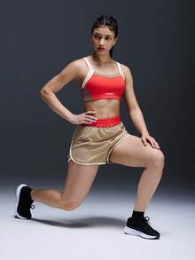 Powerista 女士休闲撞色字母印花运动文胸短裤套装，夏季 - 紅色 - 查看 4