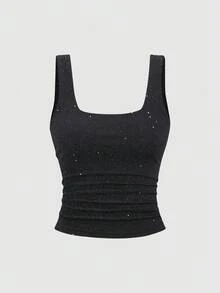 Sweetra Petite Débardeur à col carré avec décoration de sequins argentés brillants, coupe slim et style décontracté. Élégant pour les femmes de petite taille, idéal pour le printemps et l'été - Noir - Voir 1