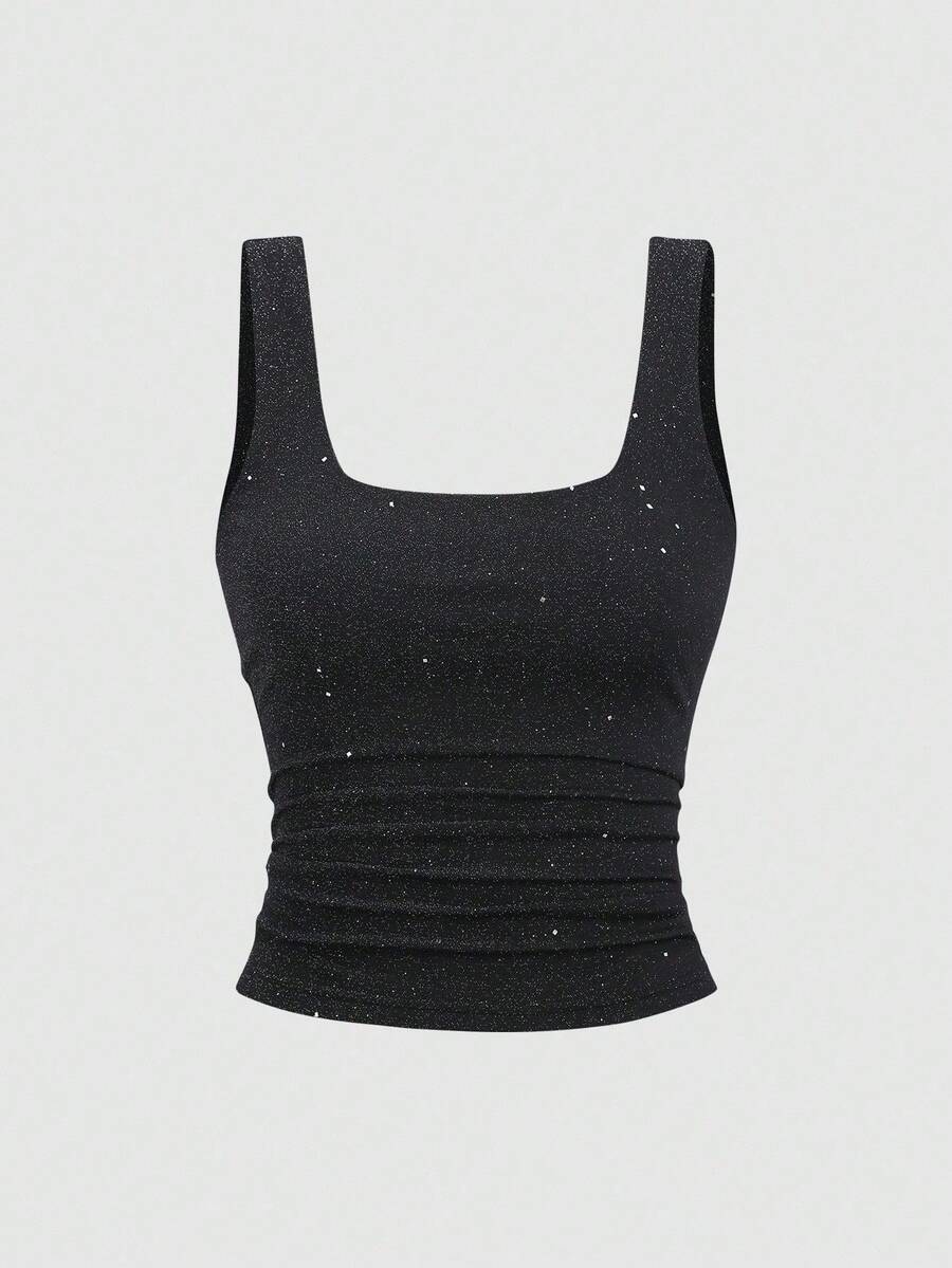 Sweetra Petite Débardeur à col carré avec décoration de sequins argentés brillants, coupe slim et style décontracté. Élégant pour les femmes de petite taille, idéal pour le printemps et l'été - Noir - Voir 1