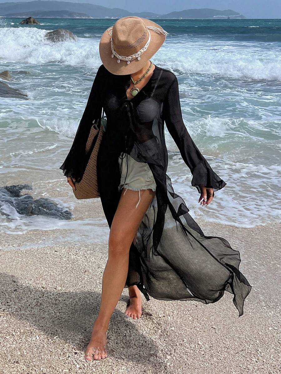 Livesso 女士度假沙滩薄纱荷叶边长衬衫 - 黑色 - 查看 1