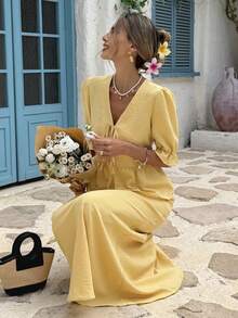 Livesso Spring/Summer Yellow Front Tie-Up Cardigan, Casual Beach Vacation Style With Ruffle Hem Patchwork Short Sleeve Top And A-Line Skirt 2 Pieces Set, Elegant For Commuting - Yellow - View 6