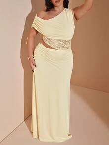 SHEIN BAE Bộ đồ 2 mảnh thanh lịch dành cho nữ cỡ lớn, gồm áo và chân váy ren hoa phối họa tiết lệch vai, màu xám trơn, kiểu dáng tối giản, thoải mái, gồm áo lệch vai và chân váy cạp thấp thắt nút, thích hợp cho buổi hẹn hò lãng mạn. Bộ đồ 2 mảnh mùa thu, áo và chân váy, bộ đồ dệt kim, bộ đồ cưới, bộ đồ tốt nghiệp, bộ đồ tựu trường, bộ đồ dự tiệc sinh nhật, bộ đồ ngày Valentine, bộ đồ thanh lịch. Màu vàng. - Màu vàng - Xem 7