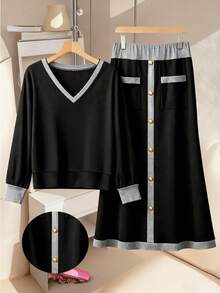 GlowEve CURVE Women's Plus Size Autumn V-Neck Sleeveless Knit Patchwork Loose Blouse And A-Line Long Skirt 2-Piece Set, Comfortable Casual Elegant For Daily, Party, Work - Multicolor - View 1