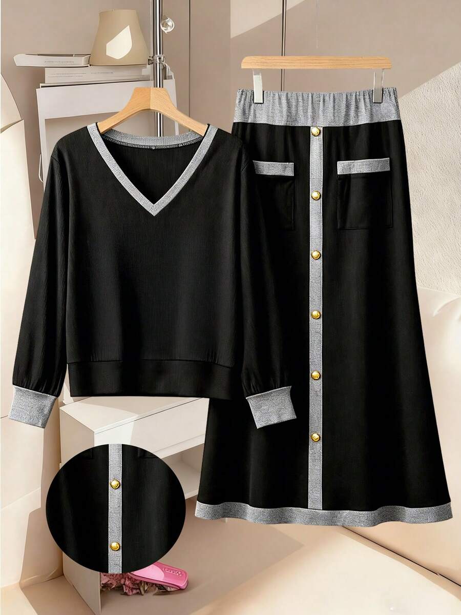 GlowEve CURVE Women's Plus Size Autumn V-Neck Sleeveless Knit Patchwork Loose Blouse And A-Line Long Skirt 2-Piece Set, Comfortable Casual Elegant For Daily, Party, Work - Multicolor - View 1