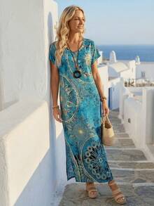 Faunlyn 女士復古花卉印花V領蝙蝠袖休閒夏季長裙，長款女裝