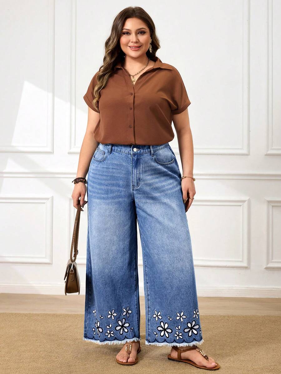 EMERY ROSE Damen Große Größen Lässig Jeans mit weitem Bein und Stickerei - Helle Waschung - Übersicht 1