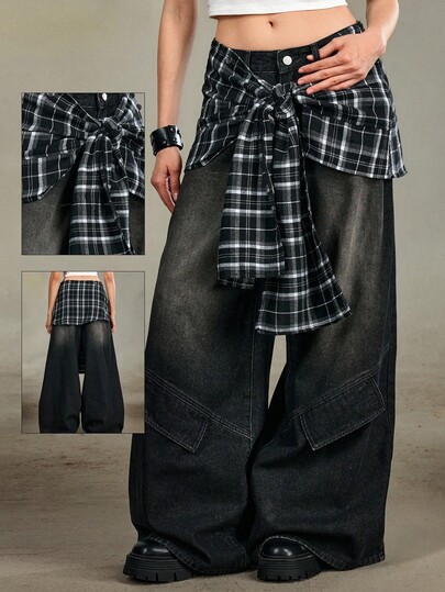 Grunge Punk Y2K Retro Plaid Flare Leg Women Jeans