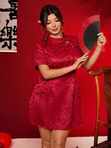 Elenzga 大码A字纹理新款中国风短裙 - 酒紅色 - 查看 3