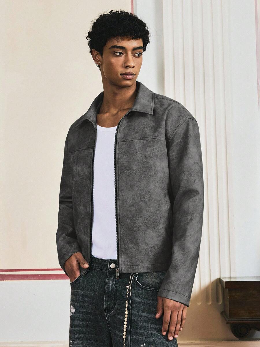 SWAVVY Chaqueta corta con cuello de cremallera estilo retro para hombres - Negro - Ver 1