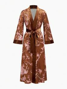 MOTF PREMIUM FLORAL PRINT VELVET LONG ROBE, AUTUMN/WINTER - Brown - View 1