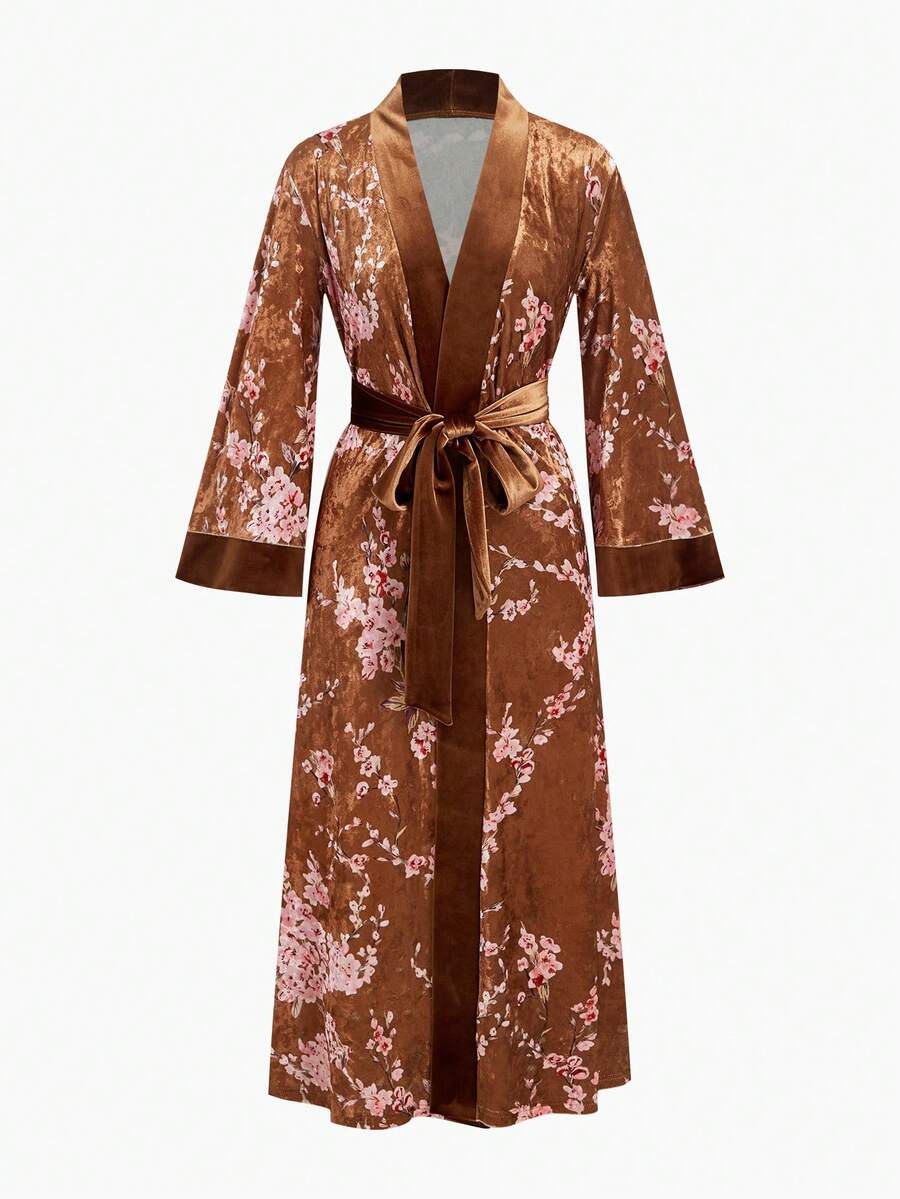 MOTF PREMIUM FLORAL PRINT VELVET LONG ROBE, AUTUMN/WINTER - Brown - View 1