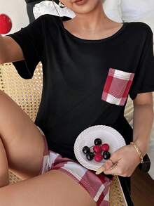 Round Neck Short Sleeve Loose Casual Comfortable Breathable Plaid Print Pajamas - Black - View 3