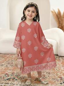 Soft Taro Pink, Traditional Elegant Dignified Golden Floral Print, Young Girls Casual Minimalist Traditional Arabic Dress Suitable For Spring/Summer Daily, Festivals, Outings, Elegant Dignified Long Sleeve Arabic Maxi Dress, Prayer Abaya, Easy Comfort, Casual Wear, Vacay Vibes, Modest Kaftan, Kids Jalabiya - White - View 3