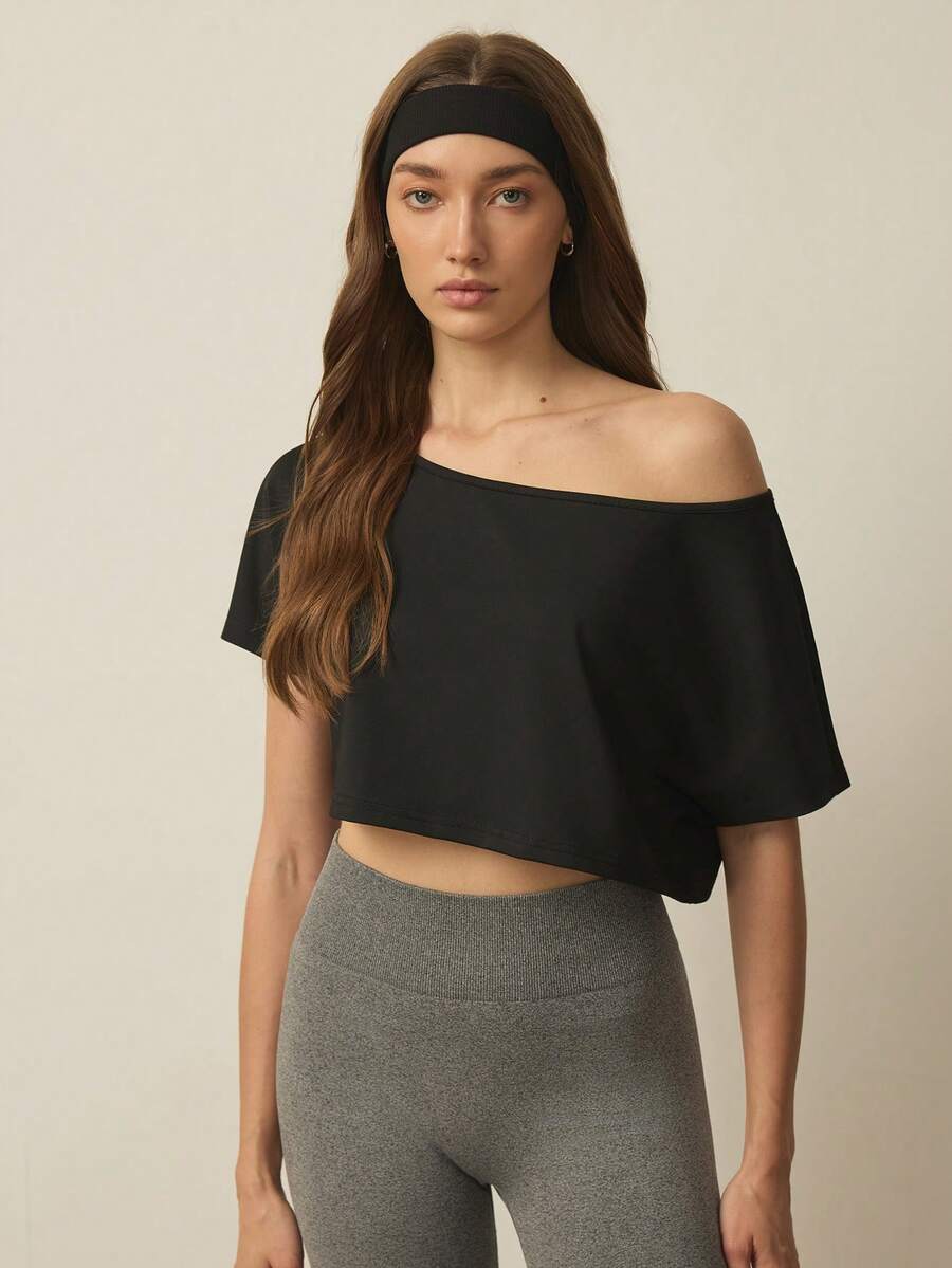 With My Calm 女士时尚休闲优雅健身跑步宽松露脐短袖瑜伽运动上衣，适合夏季穿着 - 黑色 - 查看 1