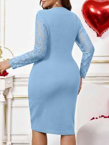 EMERY ROSE Plus Size Women's Elegant Lace Patchwork Long Sleeve Black Dress, Autumn Blue Lace Sleeve Dress - Blue - View 2