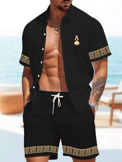 Manfinity RSRT Men's Fashion Letter Spade A Floral Print Short Sleeve Button-Down Shirt, Men's Casual Shirt Set, Minimalist High-End Versatile, Great Gift For Boyfriend Or Family Men Beach Wear Set