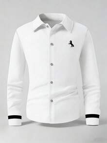 SHEIN Vacaura 青少年男童休闲绅士风刺绣长袖衬衫