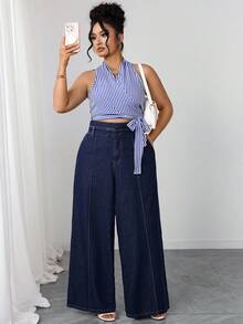 SHEIN Elenzya 大码女式优雅舒适深蓝色无弹直筒牛仔裤 - 深色水洗藍 - 查看 7
