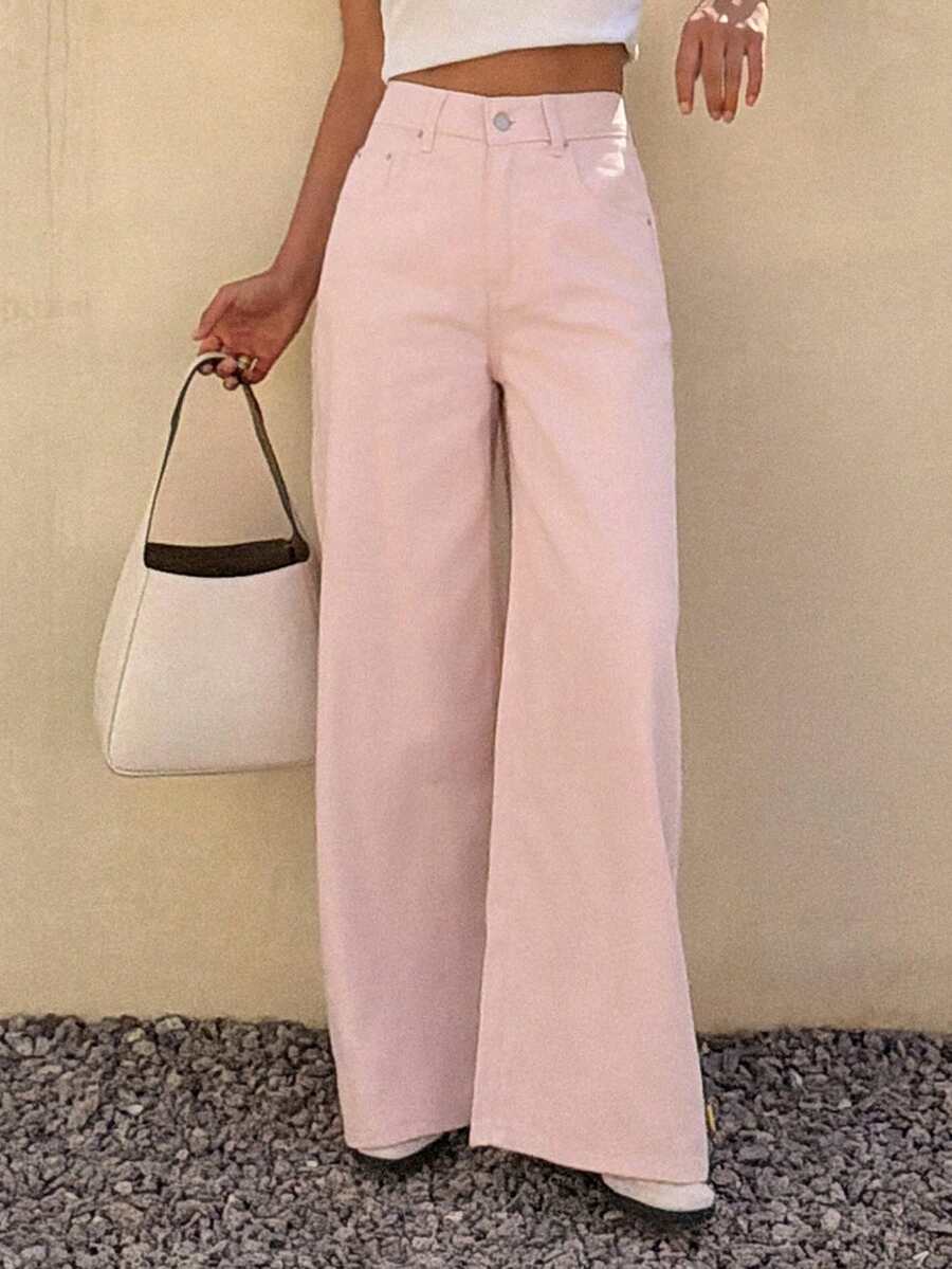 DAZY 女士常规腰围宽松直筒牛仔裤，休闲都市风，粉色牛仔裤 - 粉色 - 查看 1