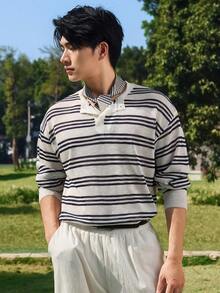 DAZY Men's Striped Blue & White Half-Zip Crew Neck Knit Sweater, Spring/Autumn - Multicolor - View 5