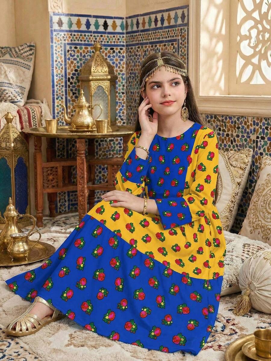 Tween Girls' Casual Minimalist Round Neck Long Sleeve Maxi Waist Cinched Dress, Suitable For Spring/Autumn, Festivals, Outings, Sisters - Multicolor - View 1
