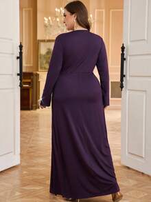 SHEIN Clasi 大码纯色圆领褶皱优雅长袖连衣裙 - 紫色 - 查看 9