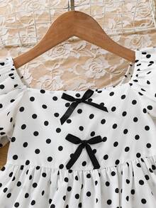Young Girl Woven Ruffle Trim Square Neck Puff Sleeve Casual Dress - Black and White - View 7