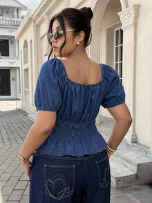 SHEIN ICON Plus Size Solid Color Square Neck Ruched Bust Short Sleeve Denim Blouse - Medium Wash - View 2