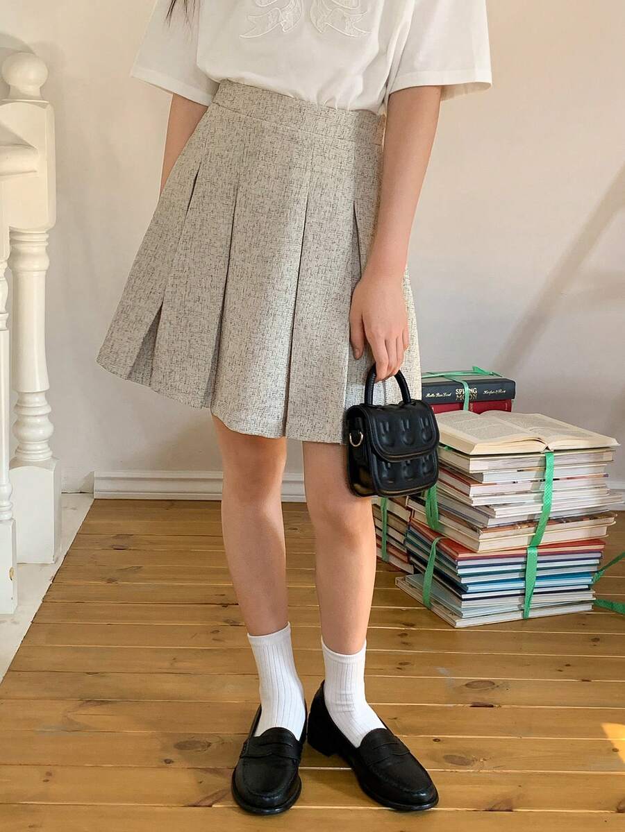 DAZY Tween Girl Pleated Versatile Casual & Back To School Mini Skirt - Beige - View 1