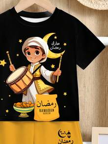 SHEIN 2pcs/Set Casual Cartoon Cute Star & Moon Print Arabic Style Round Neck Short Sleeve Shorts Set, Suitable For Spring/Summer, Party - Multicolor - View 4