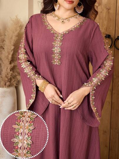 Al Najma Plus Size Elegant Floral Embroidery Flare Sleeve Dress, Autumn Turkish Dress Arabic Dress For Women