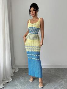 Elenzga 女士春夏新款修身长款针织吊带连衣裙，奶油黄优雅条纹无袖针织连衣裙 - 彩色 - 查看 5