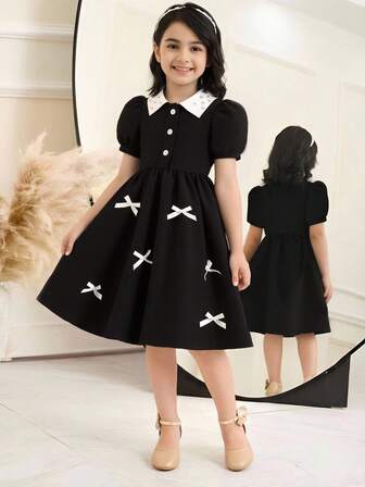 Nuevo vestido de moda de verano elegante para niñas, con cuello de cuentas, botones delanteros, mangas abullonadas, lazo, falda acampanada, estilo princesa, adecuado para la vida diaria, fiestas, vacaciones