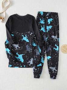 Cozy Pixies Bộ đồ ngủ 4 món cho bé trai, kiểu dáng ôm sát, họa tiết khủng long hoạt hình, áo thun dài tay cổ tròn mềm mại và quần dài cạp chun, 2 bộ. - màu đen - Xem 4
