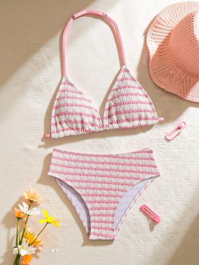 SHEIN Tween Girls Bikini Sets Swimsuit Set, Sweet And Spicy Vacation Style, Pink And White Contrasting Color Striped Printing, Pleated Texture Fabric, Neck Hanging Two-Piece Bikini Swimsuit Set