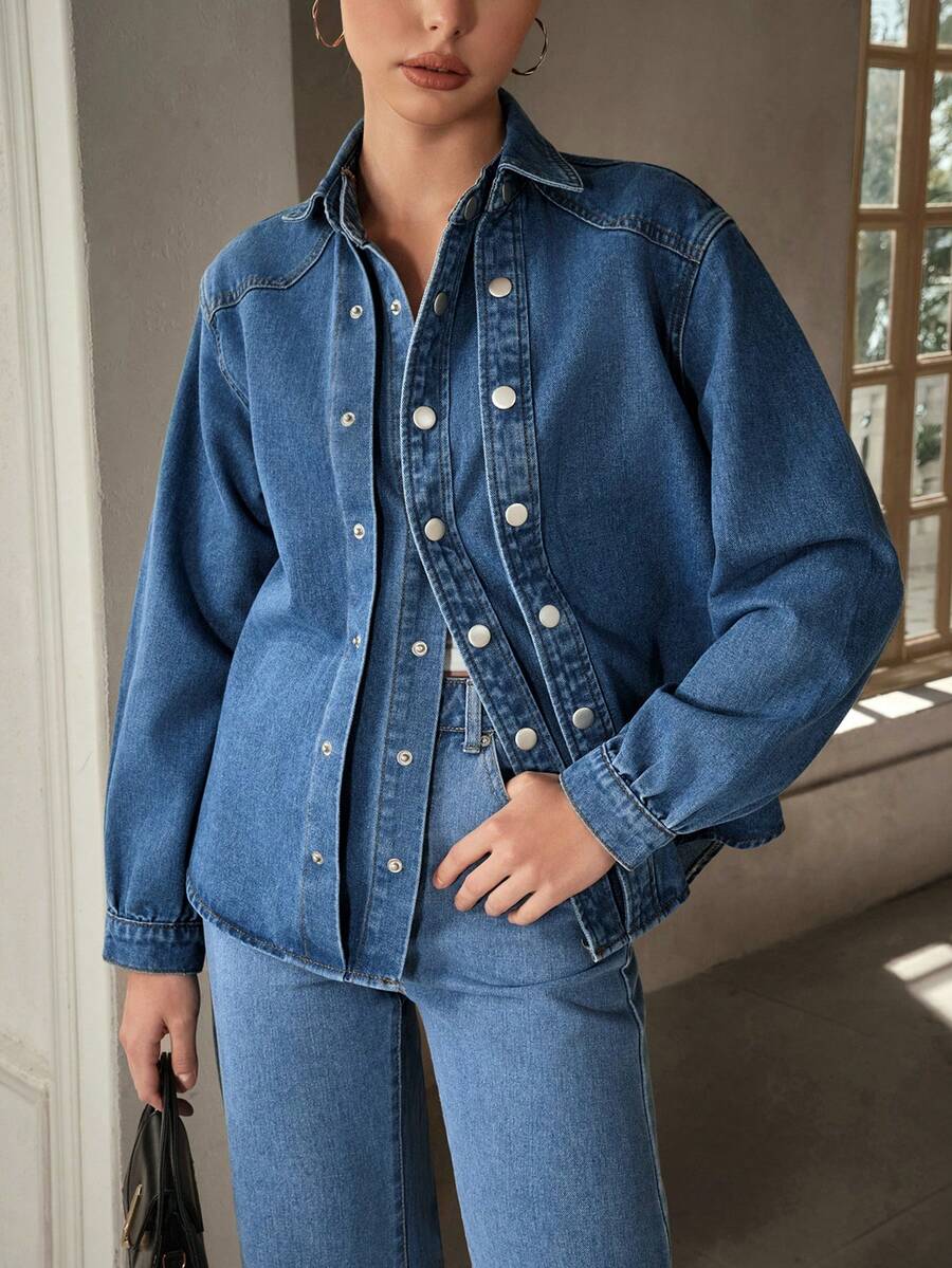 Selenza Women's Casual Commuter Double-Breasted Denim Jacket - Blue - View 1