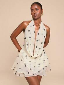 SHEIN BAE Apricot Base Black Polka Dot Chiffon Draped Neck Backless Ruffle Hem Sexy Elegant Maxi Dress, Suitable For Beach Vacation, Vacation Print Long Dress, Beach Maxi Dress, Backless Maxi Dress, Polka Dot Dress,Summer Dress,Valentine's Day,Party Dress,Elegant Dresses - Apricot - View 5