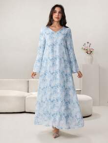 Al Najma Embroidered & Jacquard Weave Abaya Robe,  Style - Blue - View 3